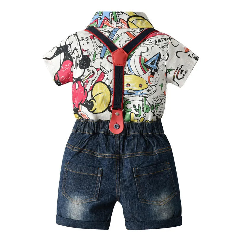White infant cartoon trouser suit set with shorts, romper and shirt options, European style for 1-3 year olds