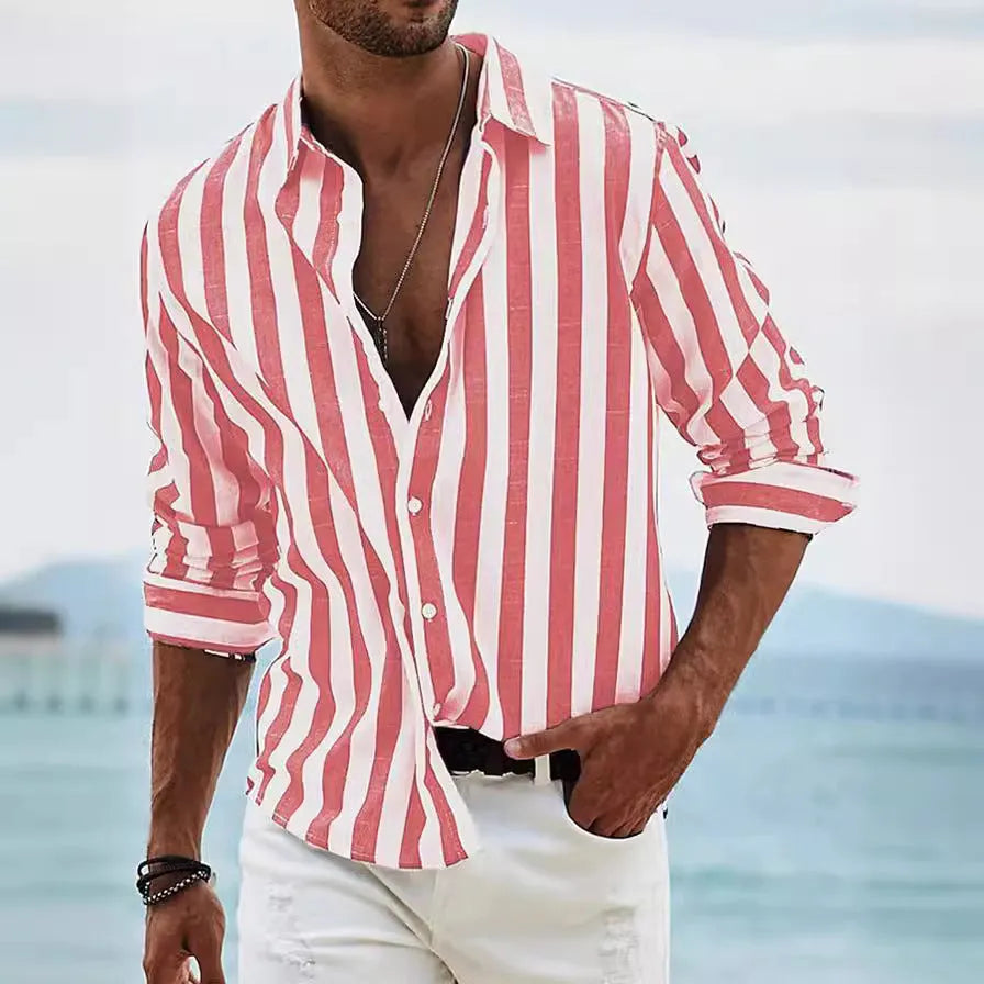 Men's loose-fit striped long-sleeved casual shirt in a light grey colour, showing cardigan style.