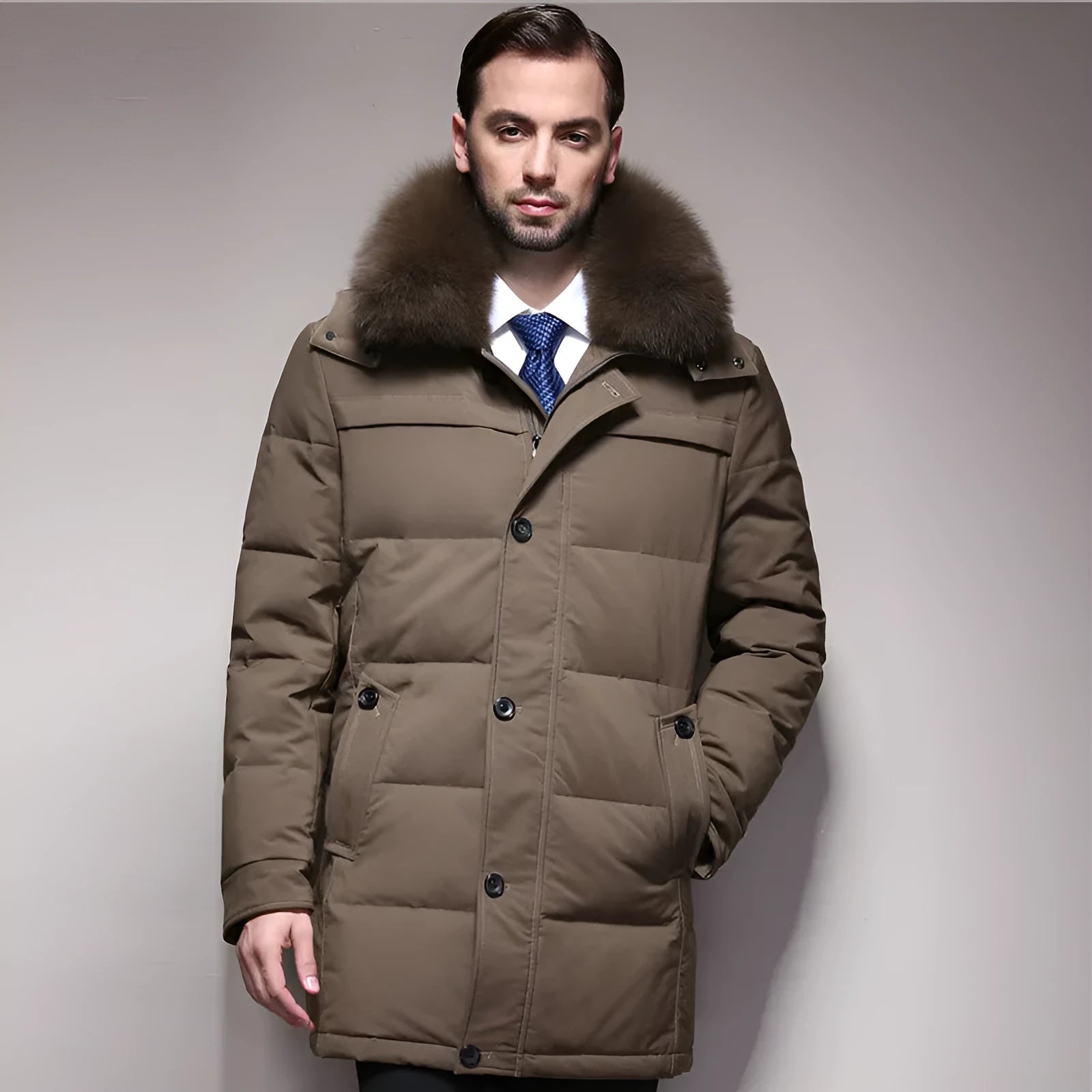 Men's thickened white duck down jacket standing collar no hood zipper front black colour solid pattern winter coat