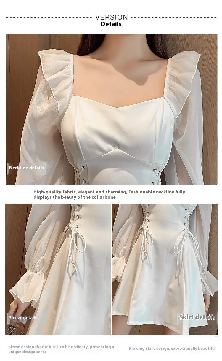 White long sleeve chiffon patchwork dress with a slim waist and floor-length skirt on a woman.