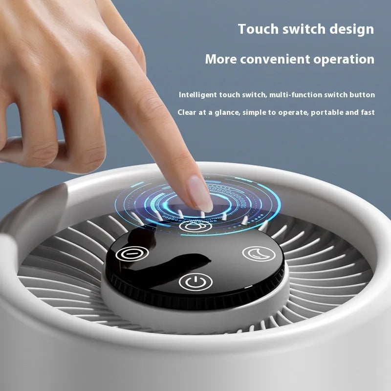 White desktop air purifier for small rooms with USB cable and aromatherapy tablet