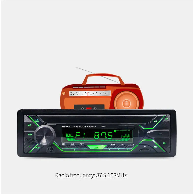Car radio MP3 player with Bluetooth, USB port, TF card slot, LCD display, and front panel controls
