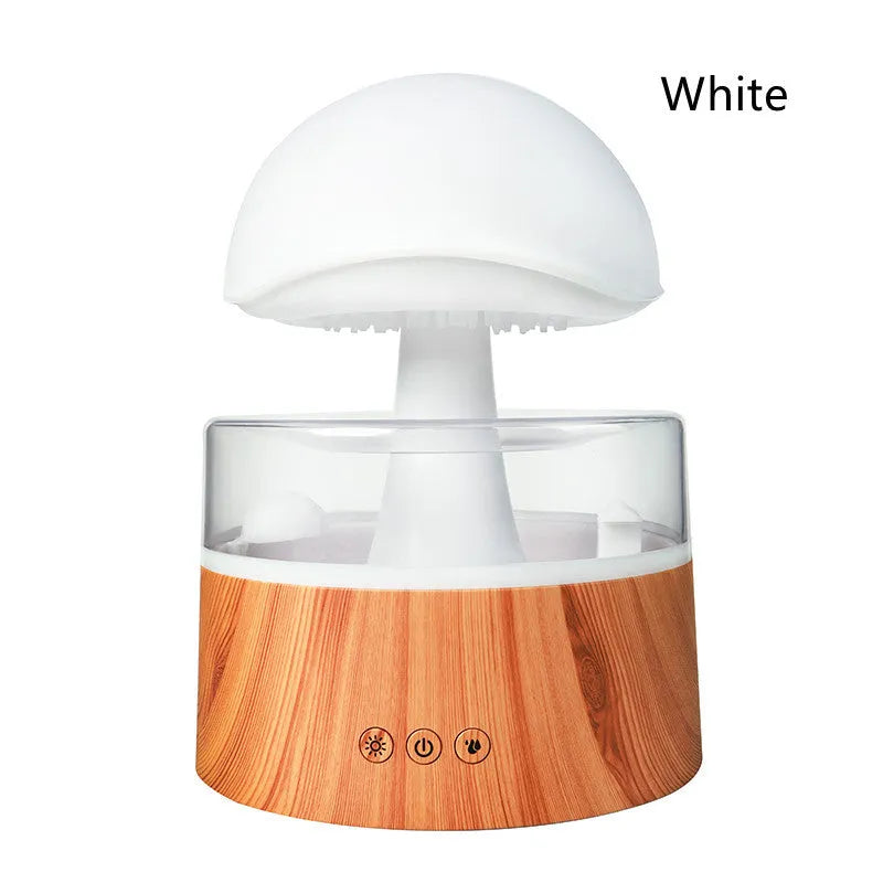 White cloud-shaped ultrasonic humidifier and aroma diffuser with colourful lighting and simulated raindrops