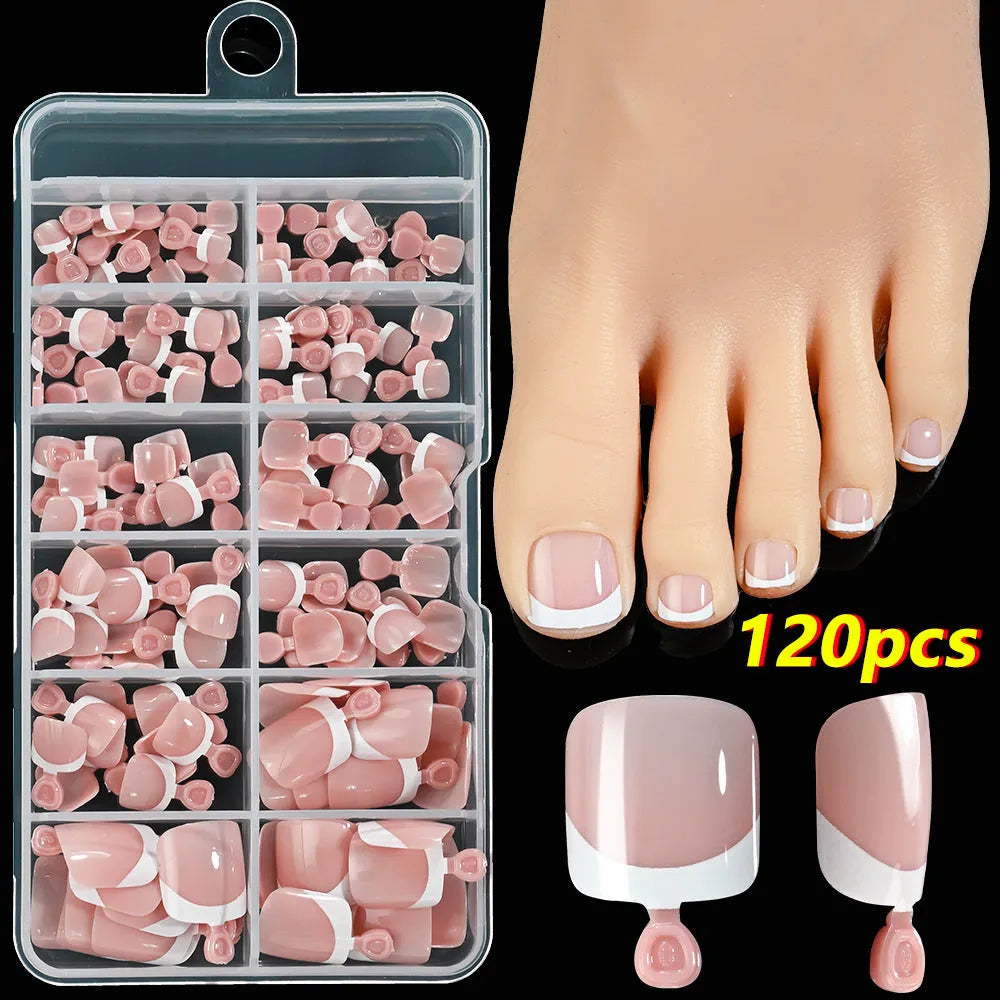 120-piece box of French white edge nude full square short artificial toenails in nine shades