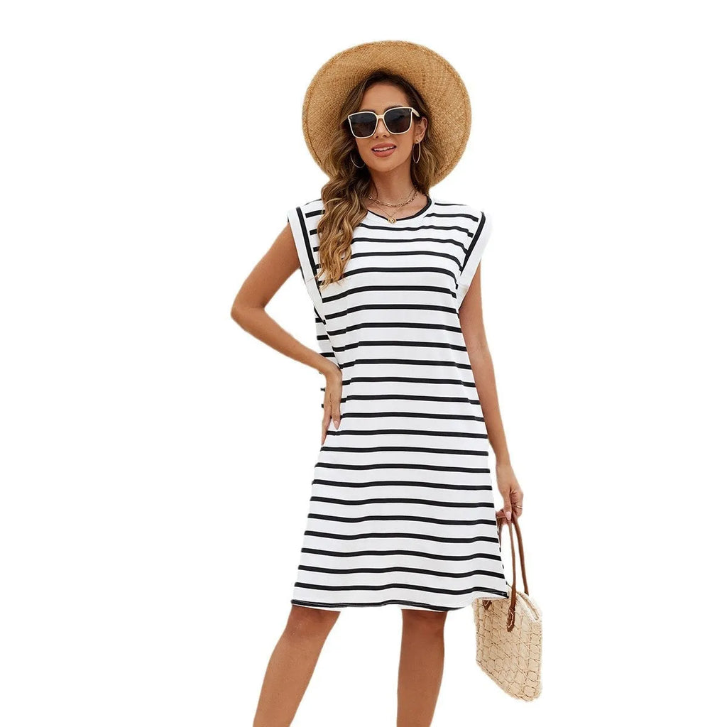 Black and white striped beach cover-up blouse for women made from polyester fabric