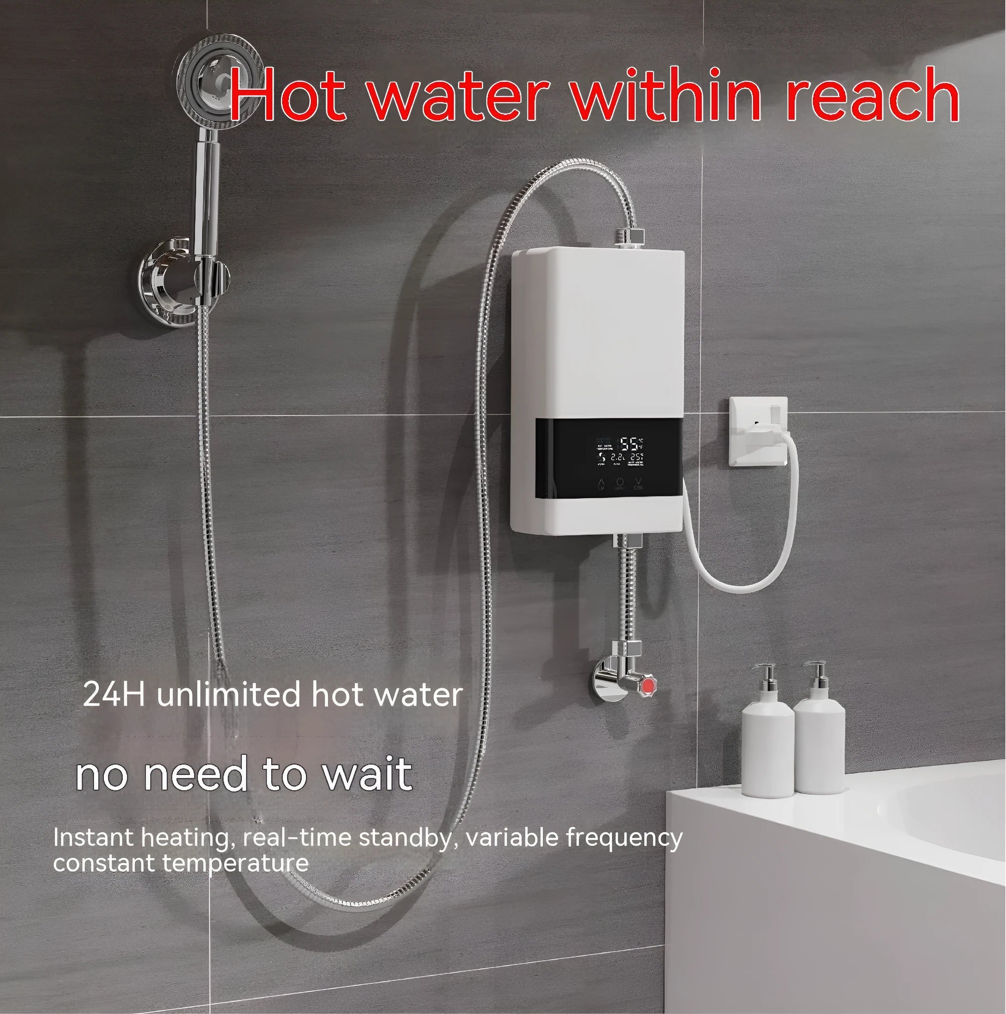 Quick-heating water heater unit with LED touch screen display in silver finish