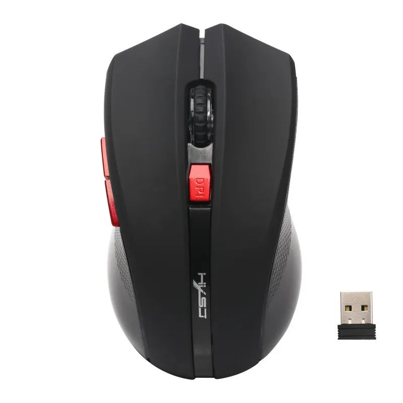 2.4G wireless optical ergonomic mouse in black with four-way scroll wheel for desktop computers