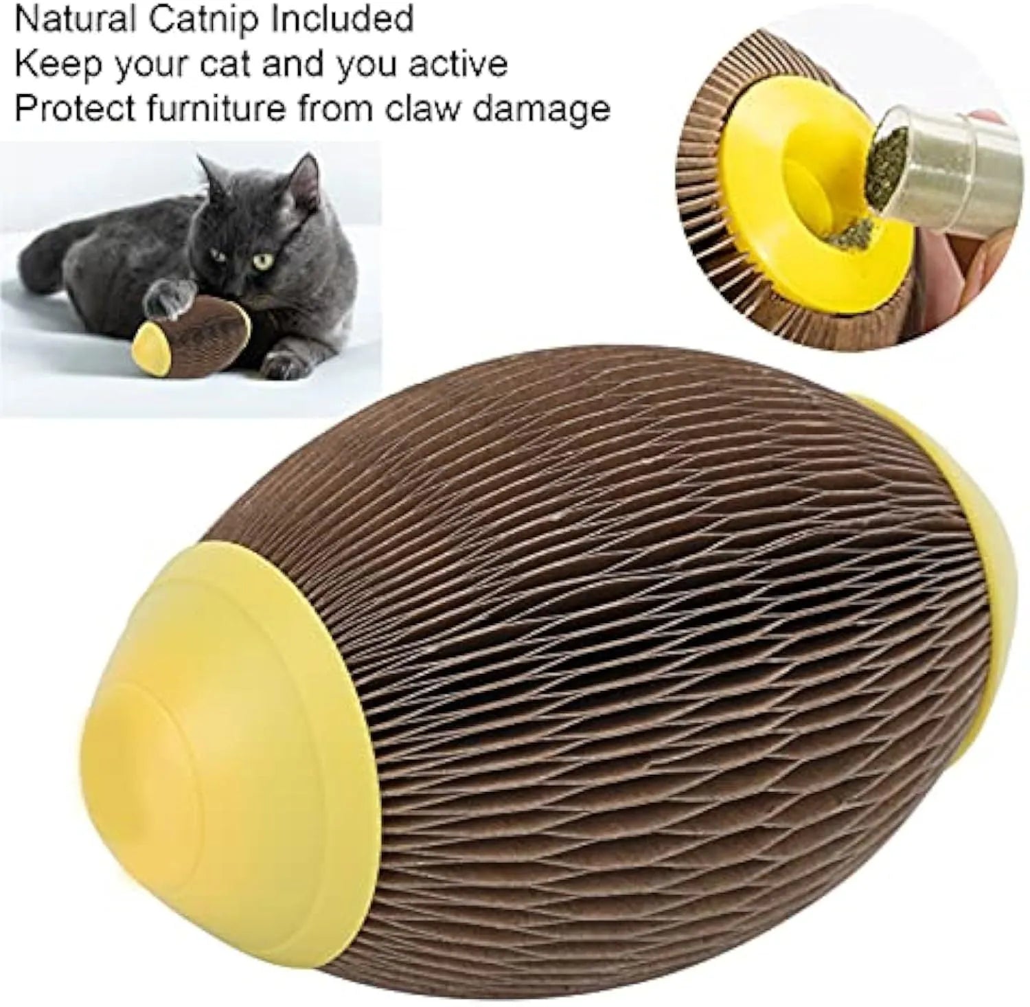 Ellipse-shaped corrugated paper catnip ball and scratch toy for cats on a plain background.