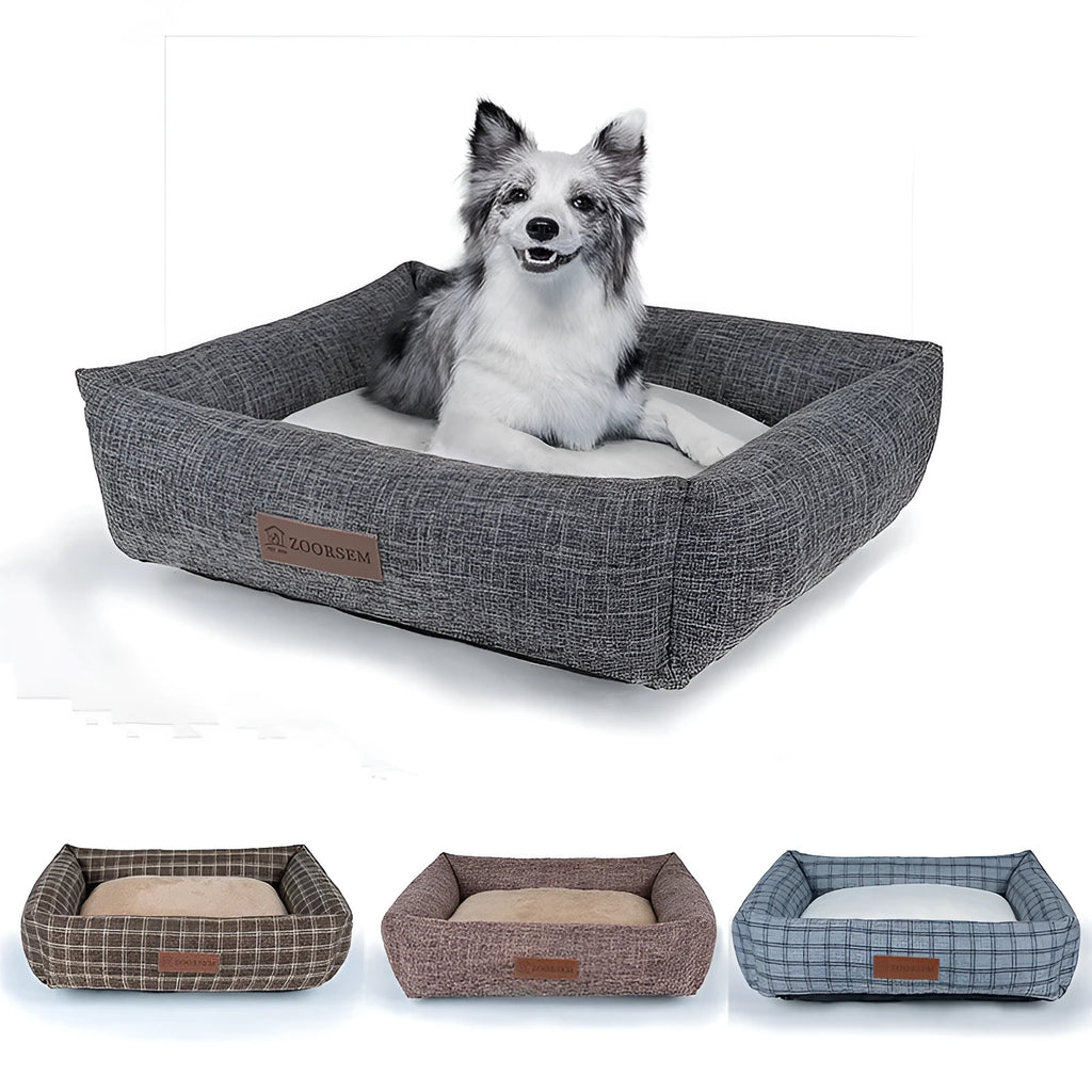 Grey plaid square cloth dog bed, medium size 60cm by 50cm.