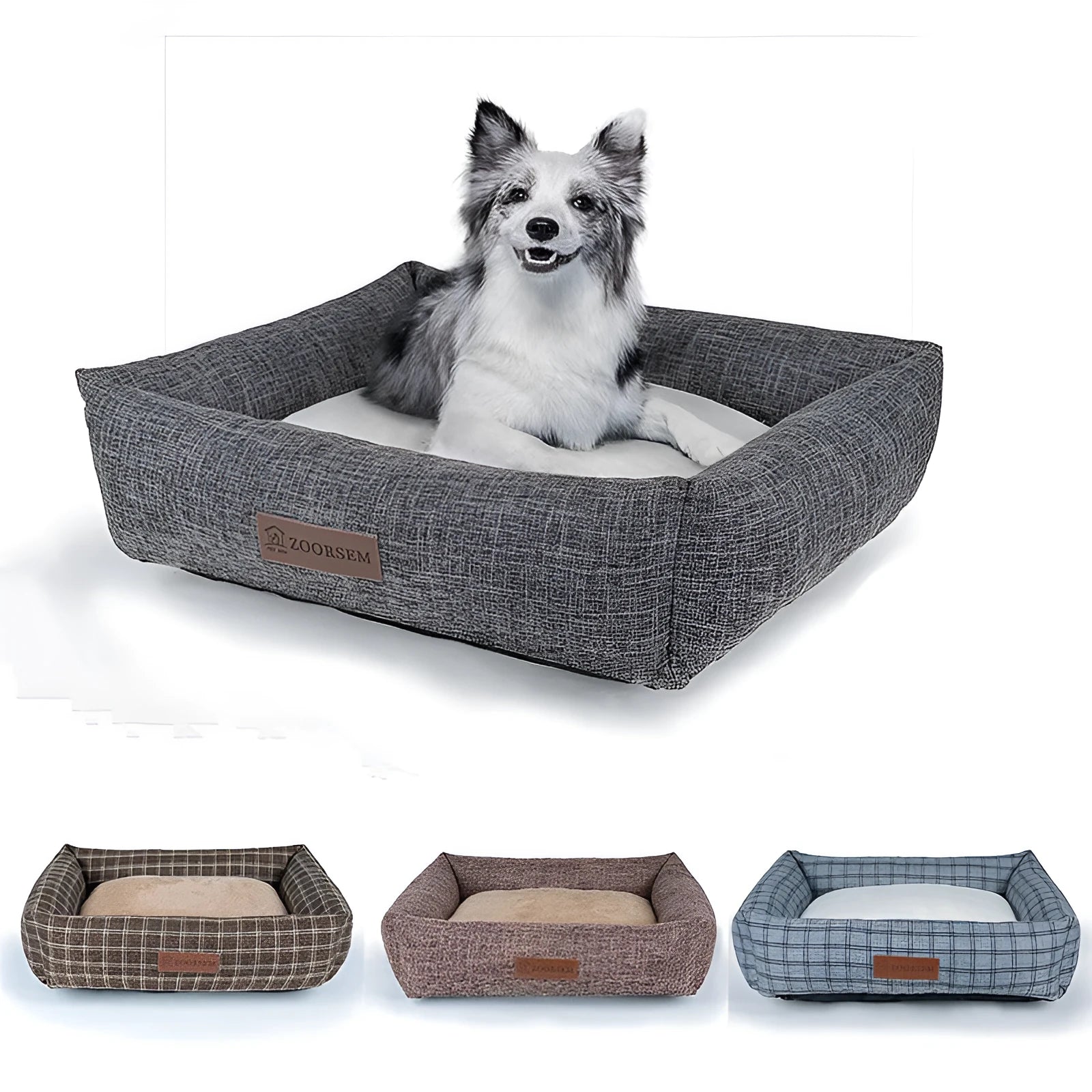 Grey plaid square cloth dog bed, medium size 60cm by 50cm.