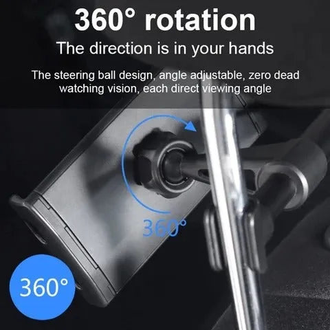 Black universal car phone and tablet holder with adjustable clamp mounted on vehicle rear seat