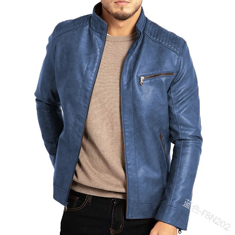 Men's brown artificial leather punk motorcycle jacket with a stand collar.