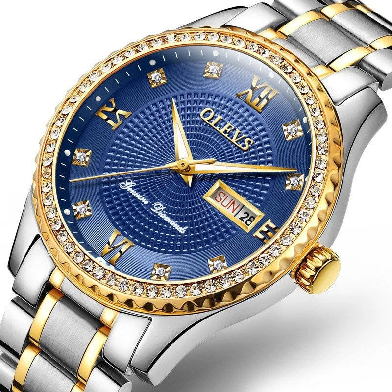 Men's 40mm quartz watch with luminous display, calendar, week indicator, stainless steel strap, round alloy case