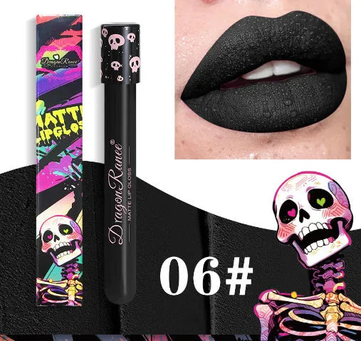 Halloween creative makeup lip gloss in skull-shaped test tube with retro matte gold and silver shades.
