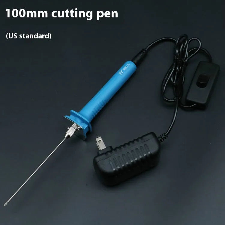 Blue electric heating foam cutter pen with plastic handle and long metal blade on a workbench.