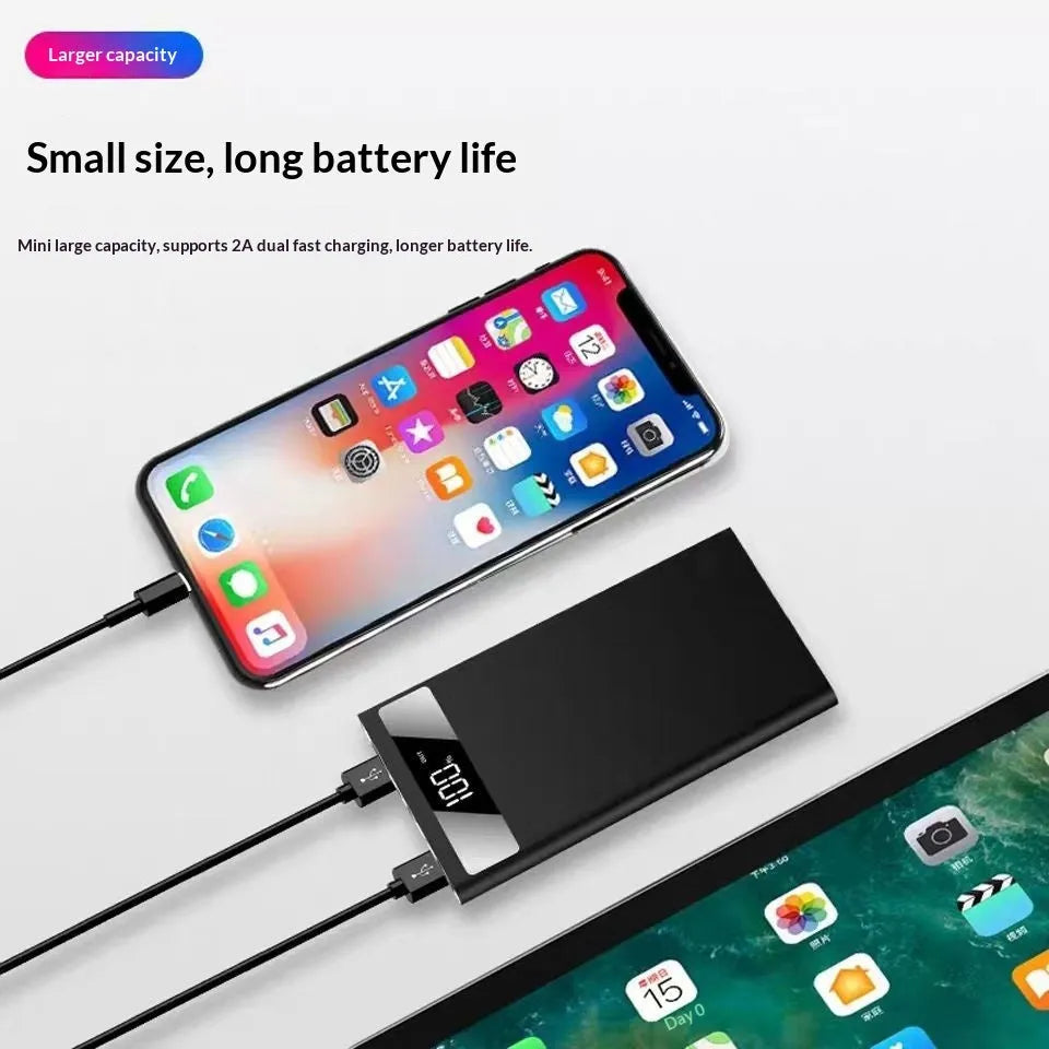 Ultra-thin 20000mAh alloy power bank in Aurora Silver with USB cable, showing power display