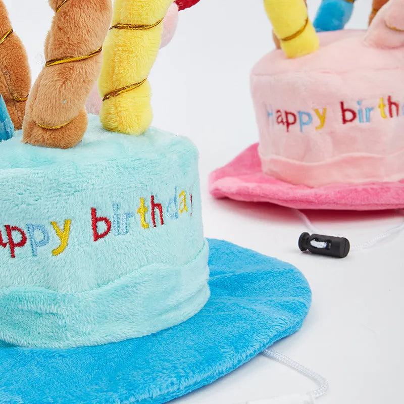 Blue dog-shaped birthday hat for small to medium dogs on a white background.