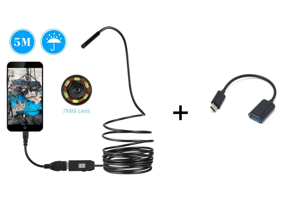 OWSOO USB endoscope camera with 5m cable, 7mm lens, LED lights, hook, magnet, and mirror attachments