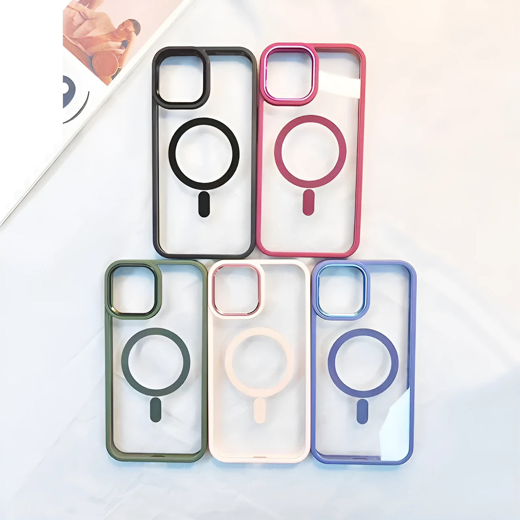Magnetic transparent silicone phone case for iPhone models in multiple colour options