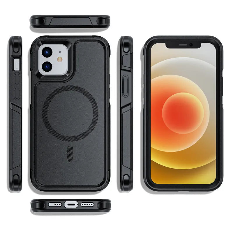 Shatterproof magnetic phone case for iPhone 12 and 13 series, black PC+TPU back cover with precise cutouts