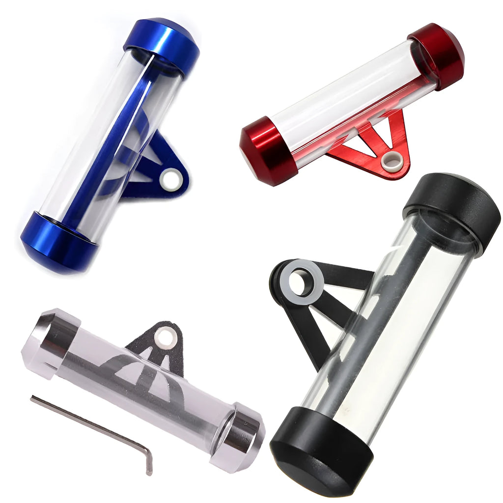 Aluminium 115mm motorcycle tax bill tube in black, blue, red, and silver colours