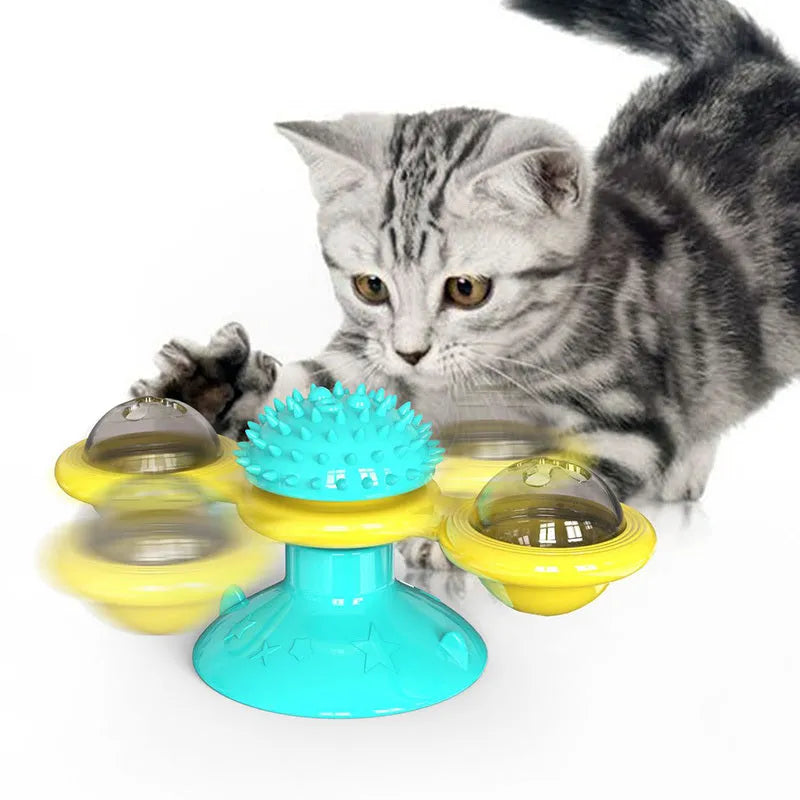 Cat rotating windmill toy with suction base on floor, two transparent bins, luminous ball, teeth grinding function, blue yellow green colour