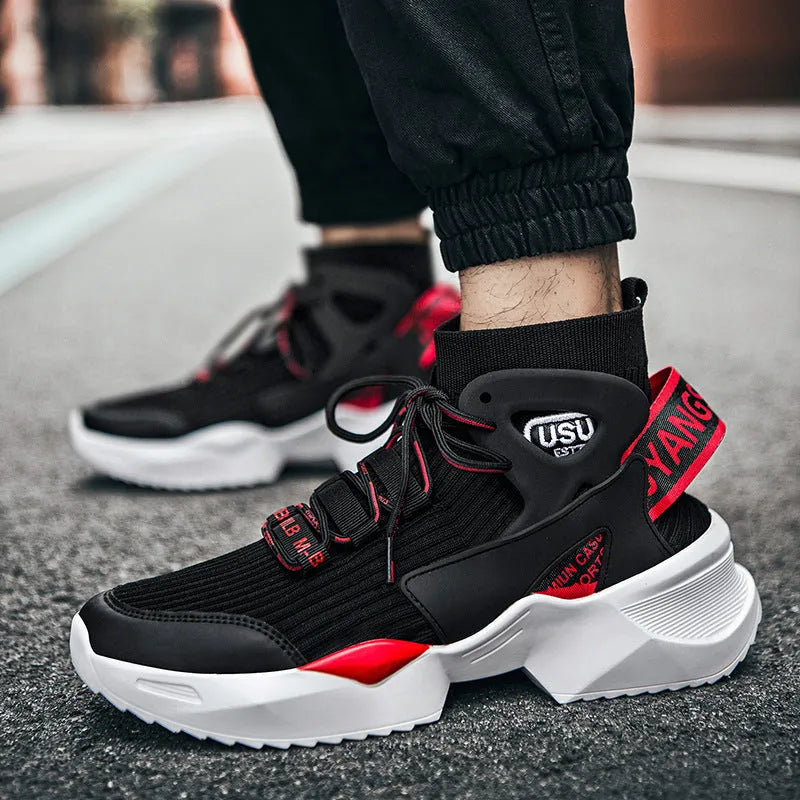Men's flying knit basketball shoes breathable mesh upper plastic sole back tie closure black