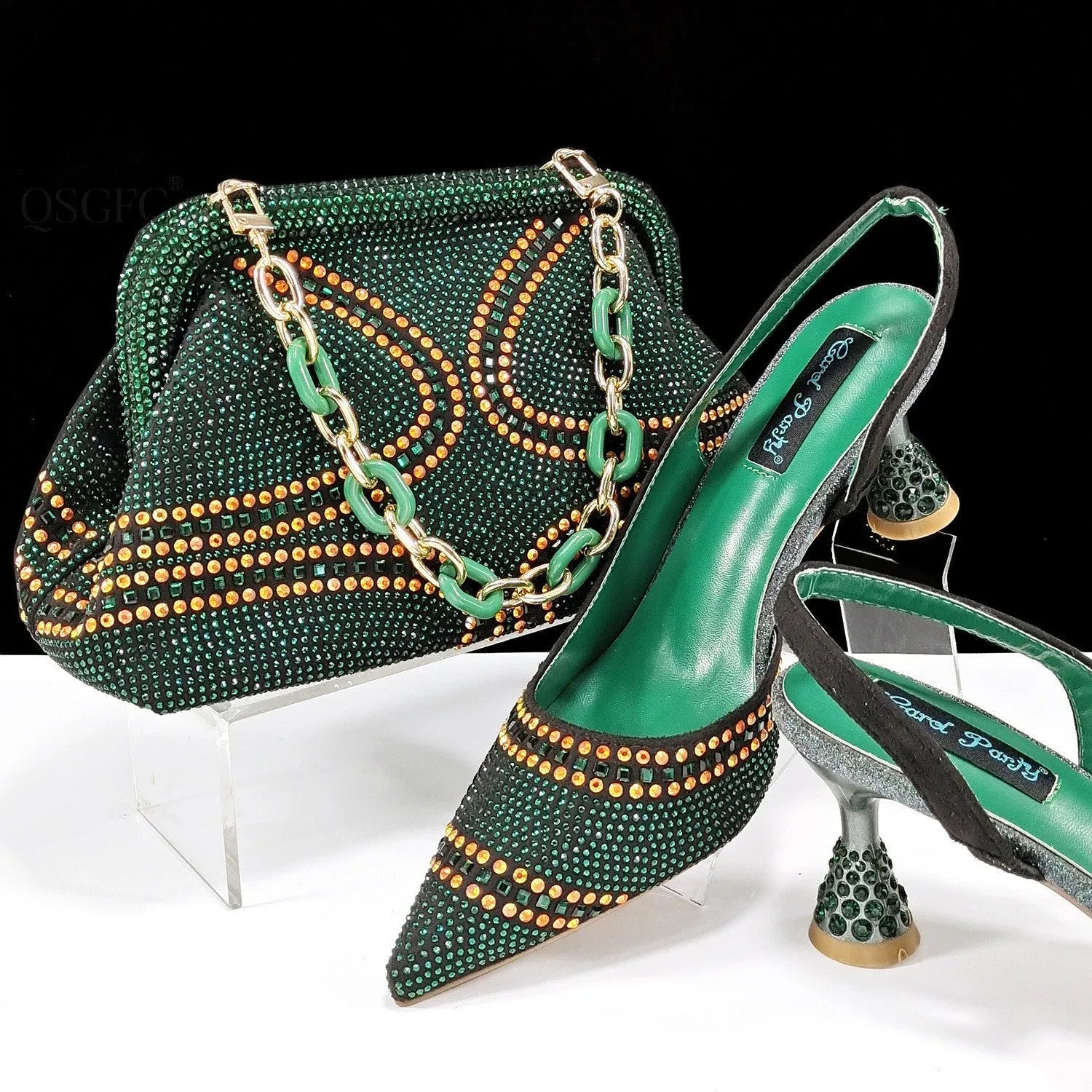 Women's pointed toe high heel shoes with rhinestone decoration and matching small bag in synthetic leather