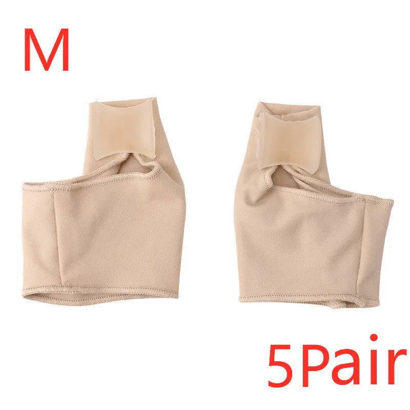 Pair of stretchable corrective socks with a visible gel bunion pad and silicone toe separator.