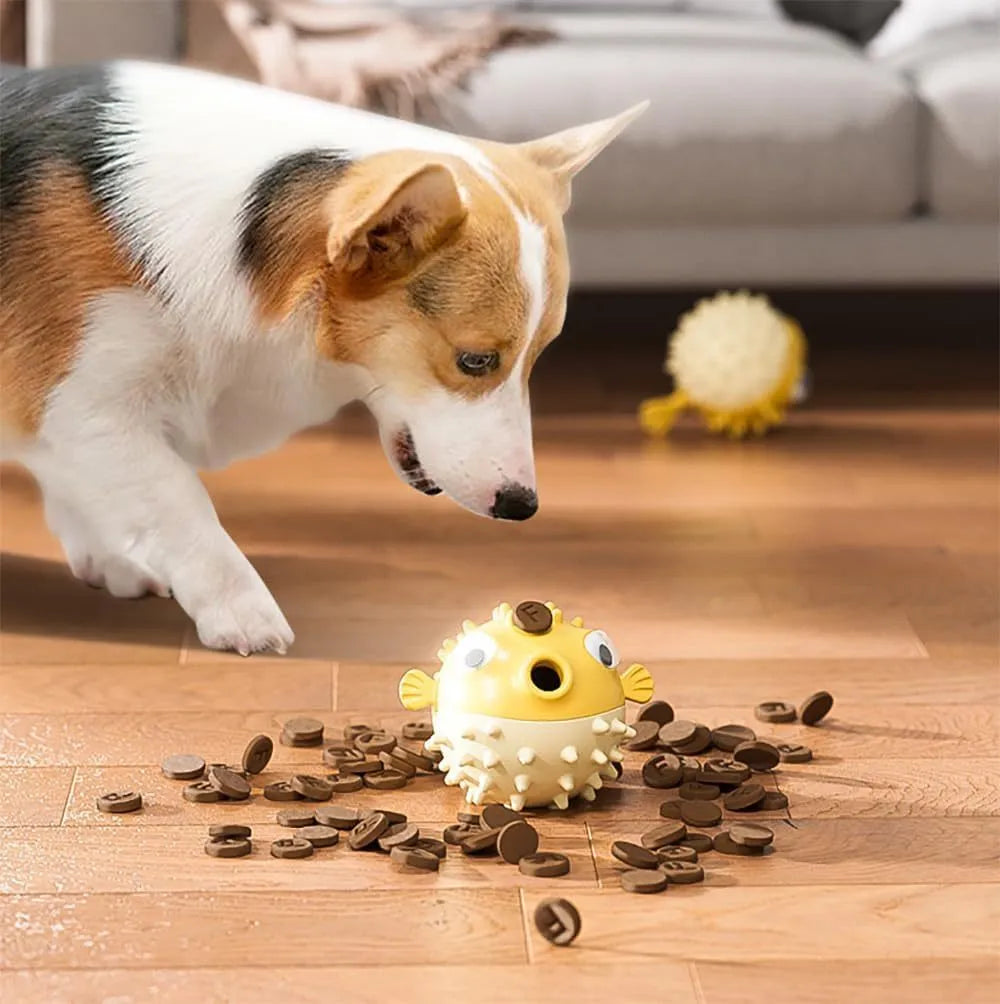 TPR fish-shaped interactive dog chew toy with treat dispensing hole and textured surface