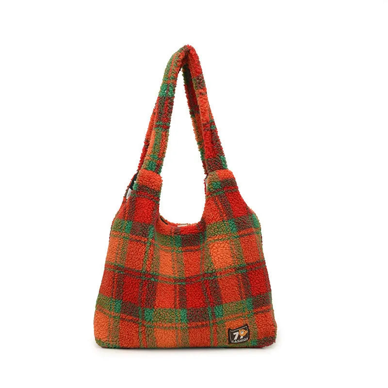 Women's plush plaid crossbody tote bag in Army Green colour showing large capacity and zippered compartment
