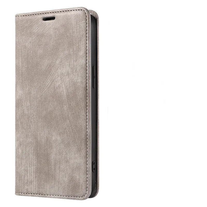 Magnetic flip leather phone case for iPhone in grey, showing front cover closed.