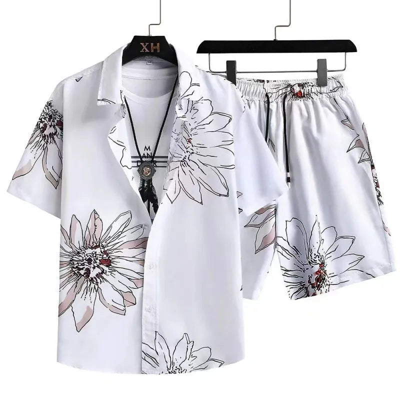 Men's digital printed cardigan and shorts casual suit set in elastic fabric