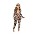 Women's geometric print polyester jumpsuit in apricot with long sleeves and mid waist