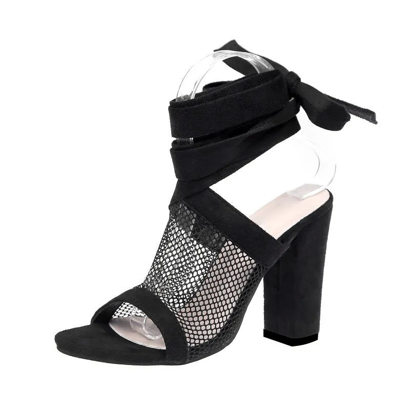 Women black flock cross strap lace up high heel sandals with square heel and buckle strap