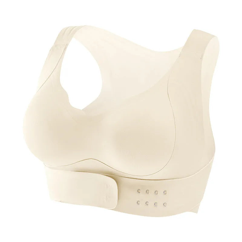 Front-clasp women's yoga sports bra with adjustable criss-cross straps and a shaping back panel.