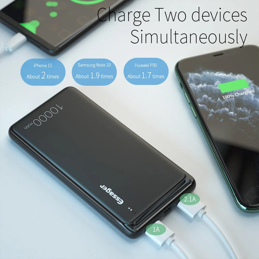 Essager Small Jane black or white 10000mAh ultra-lightweight power bank showing dual USB outputs and LED indicators