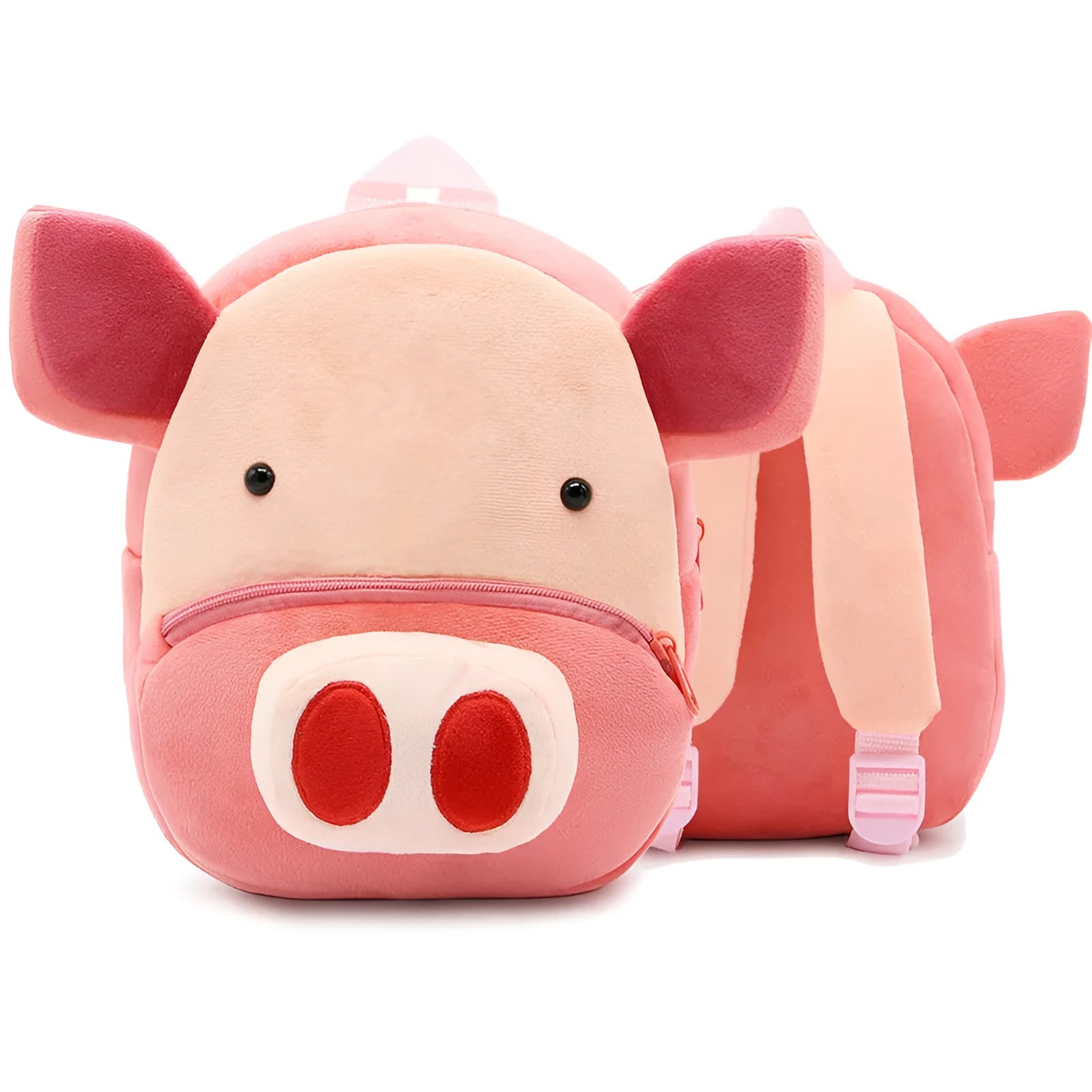 Cute plush animal backpack for children in elephant design, showing front zipper and straps.
