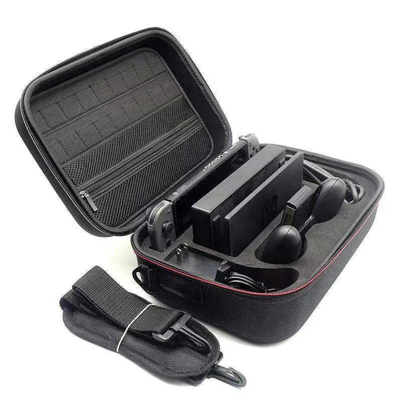 Black EVA game console accessory storage bag showing two size options for organising controllers and cables