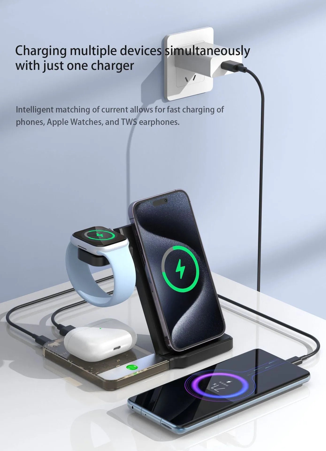Black desktop magnetic three-in-one wireless charging stand with foldable hinge and night light on table