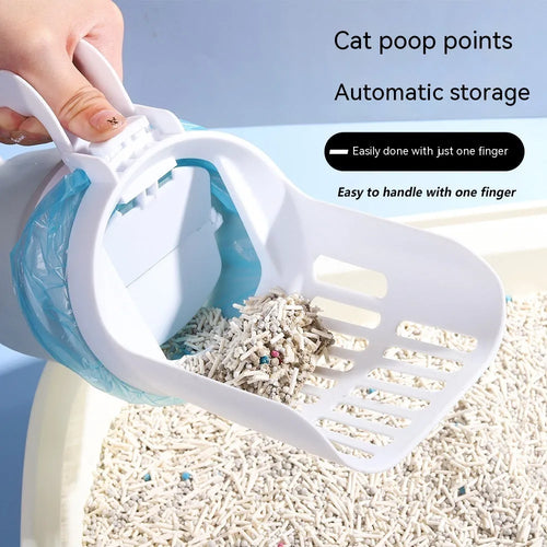 Grey foldable cat litter scoop with attached waste bin and lid