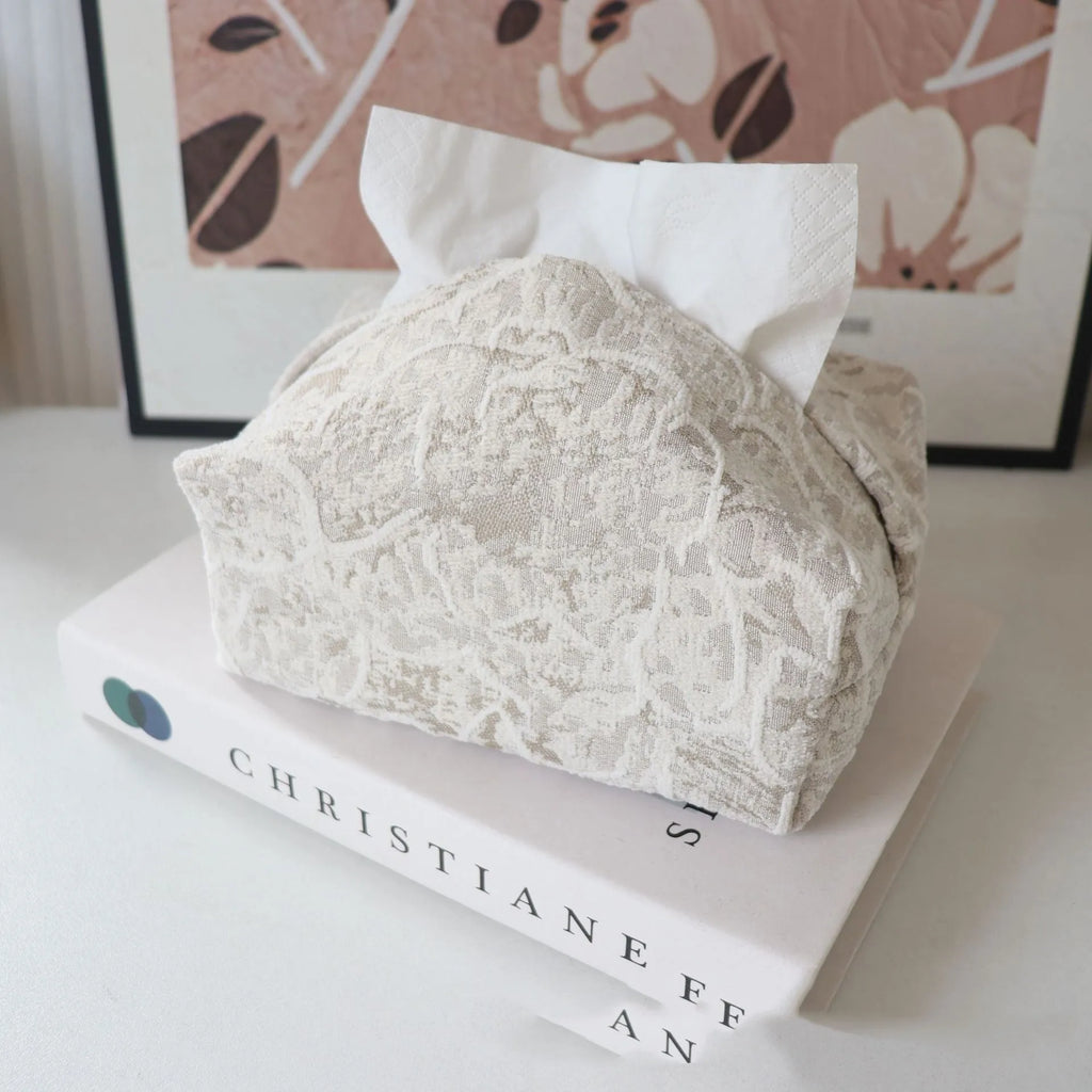 Chinese style pastoral cotton fabric tissue box cover in beige, blue, or Maillard brown, dimensions 17x11x7cm.