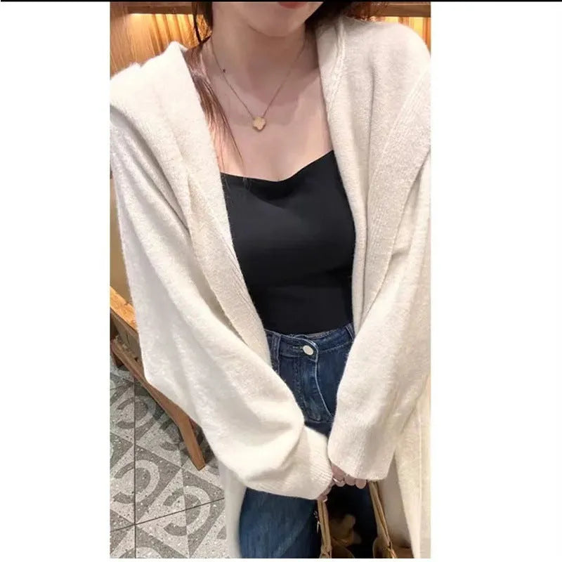 Korean style hooded long knitted cardigan for women in brown colour, below knee length