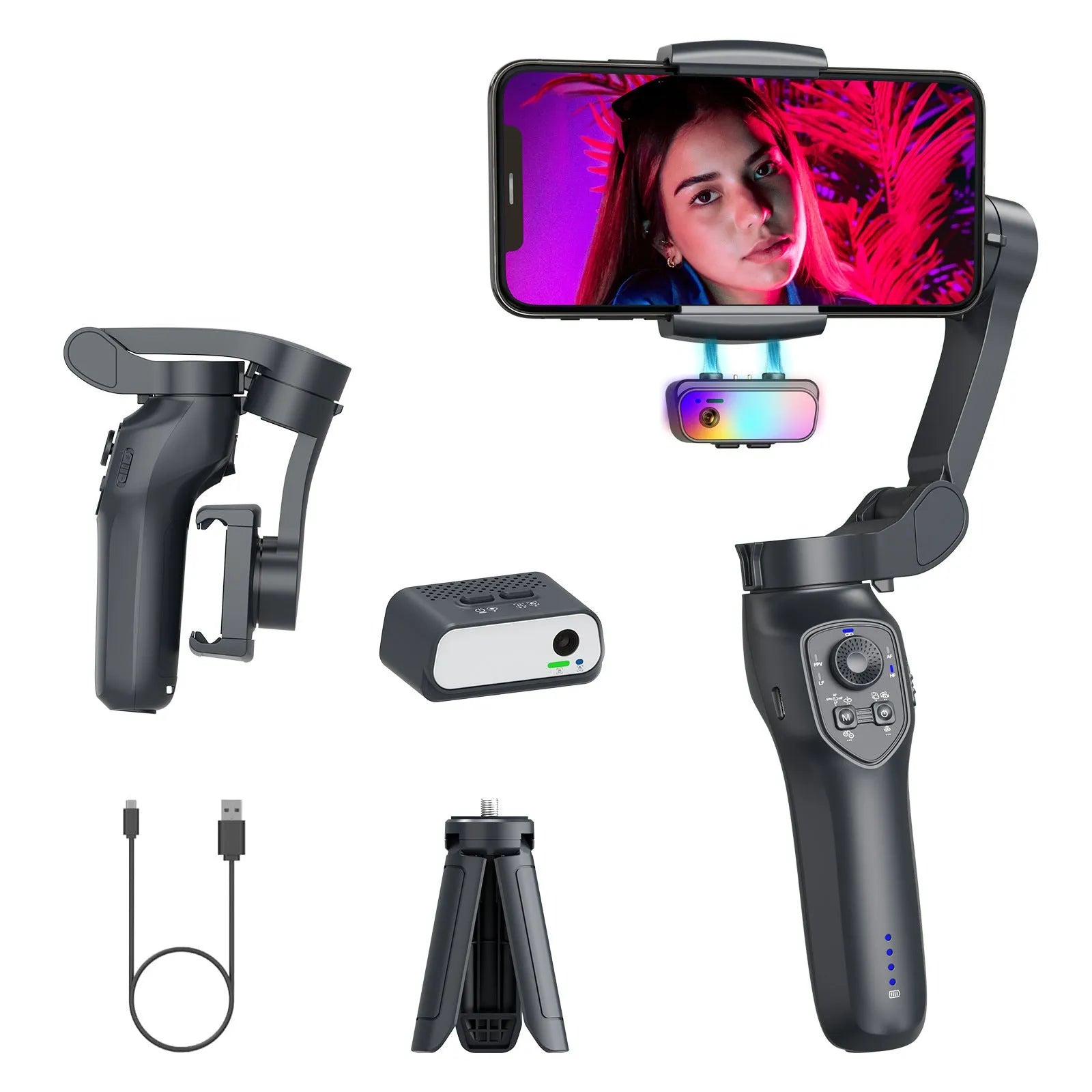 Foldable handheld camera stabiliser gimbal in gun metal colour with USB port.