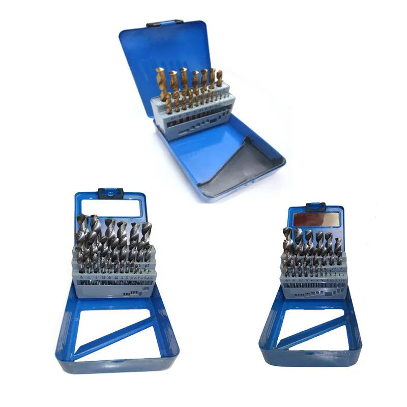 19-piece set of titanium-coated twist drill bits in an iron storage box