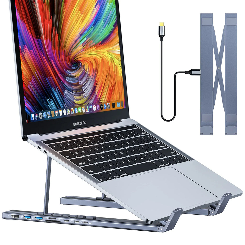 Aluminium folding laptop stand with integrated 8-in-1 multi-interface docking hub