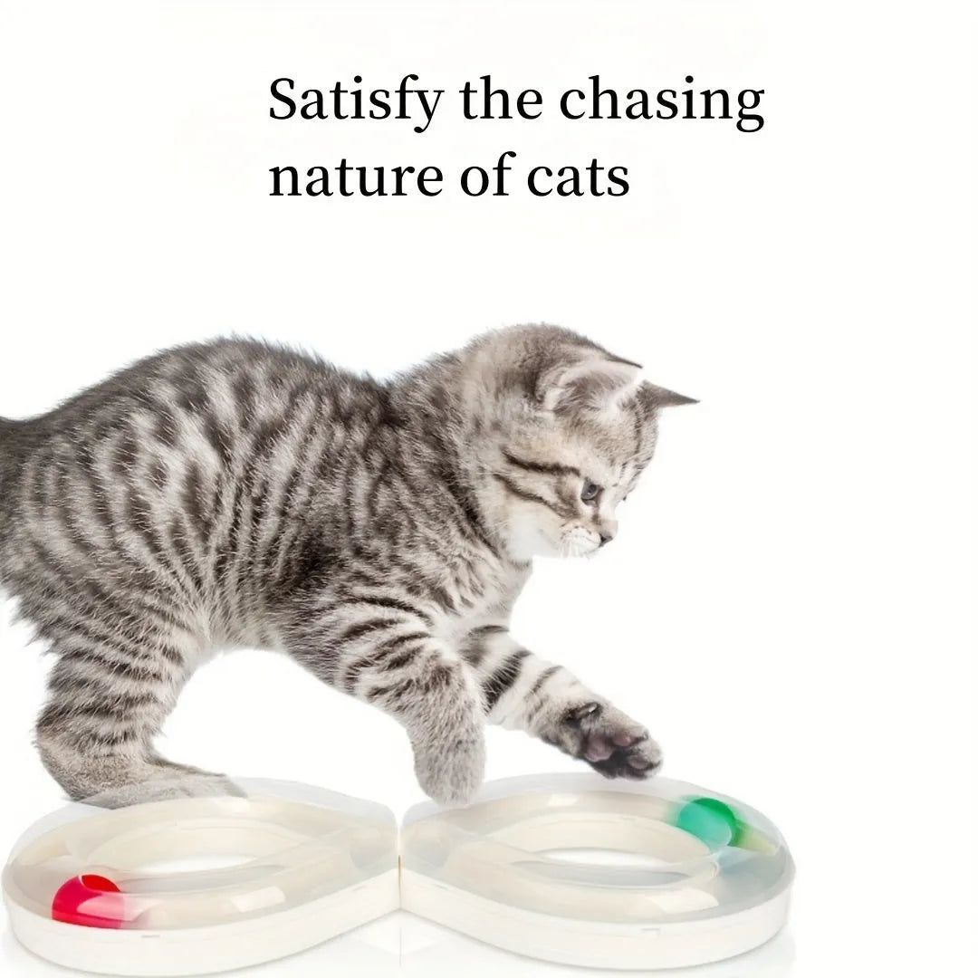 Blue and white cat turntable track ball activity centre with rotating spinner and puzzle feeder