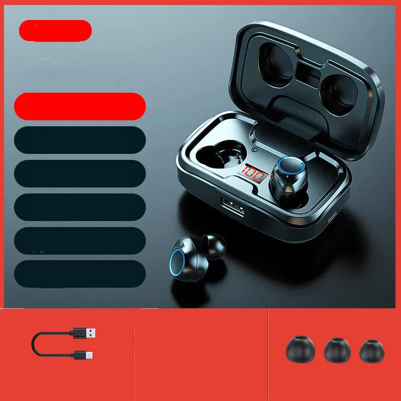 Black wireless Bluetooth in-ear earphones with private mould design on a white background.