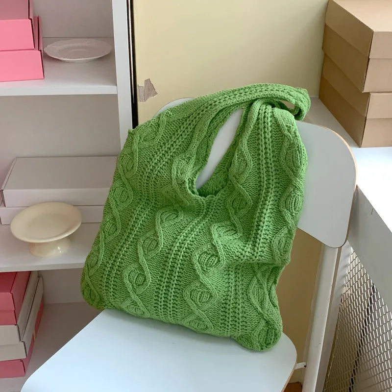 Retro woven shoulder tote bag with hollow knit design in solid colour with double straps