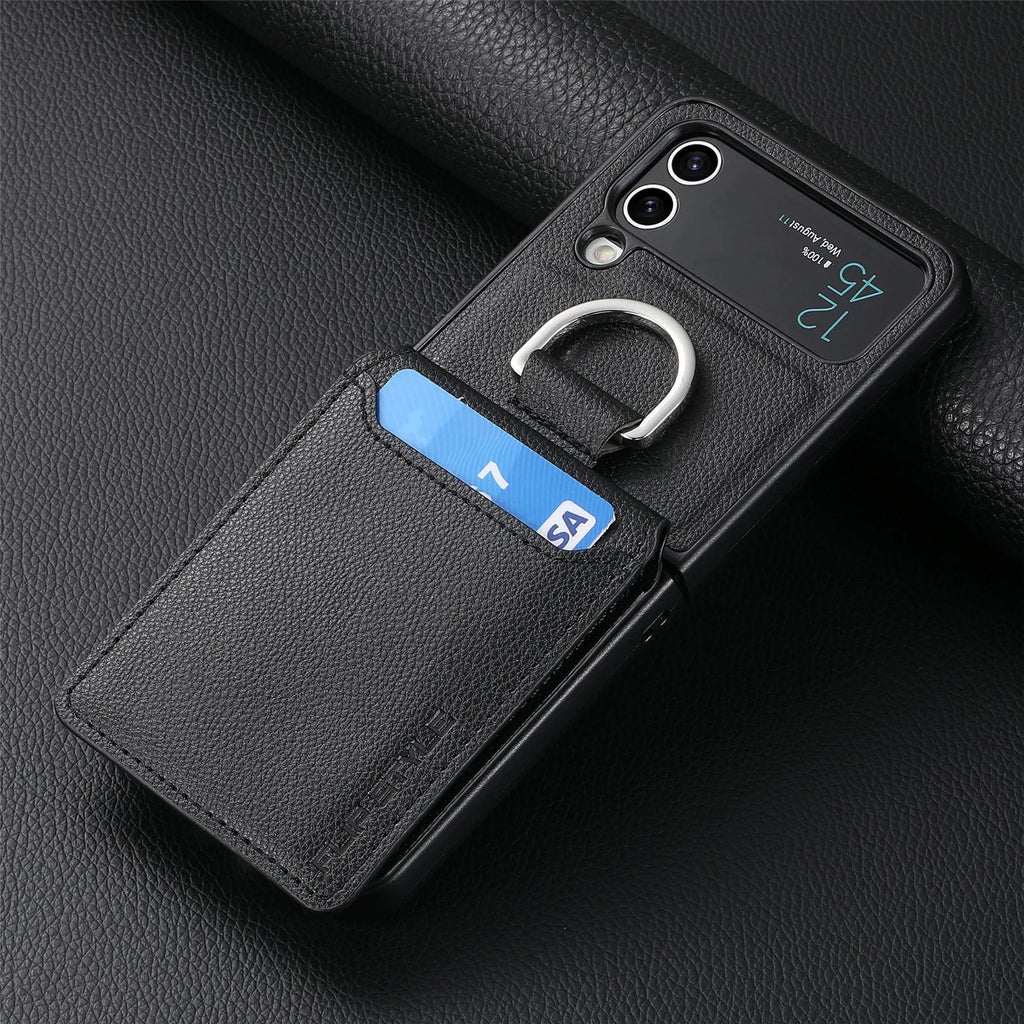 Samsung Z Flip phone case in black with ring bracket and magnetic back, shockproof PC design